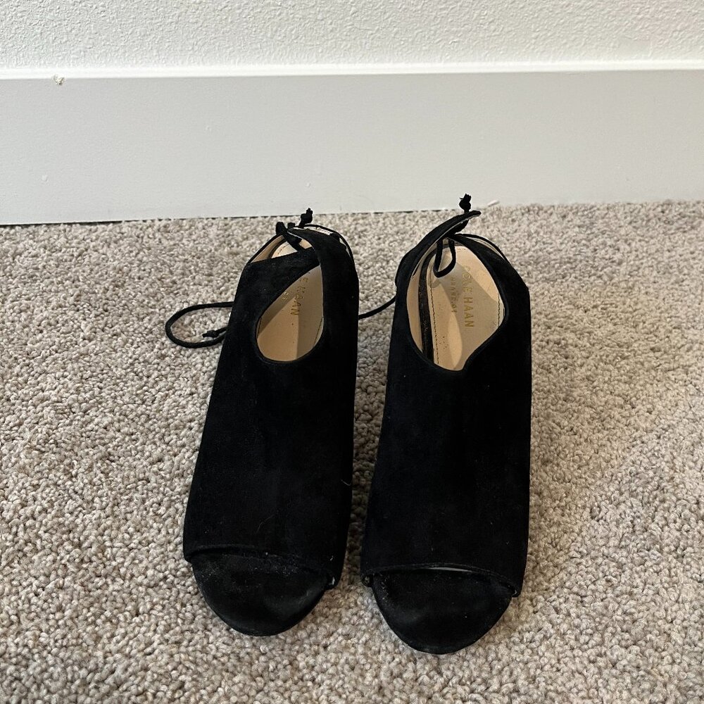 Cole Haan Black Suede Lace-Up Open Toe Heels Size 7.5